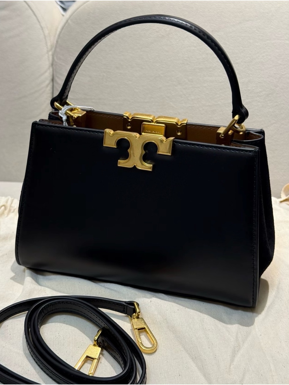 Tory Burch Black Leather Top-Handle Satchel with Gold Hardware Accents